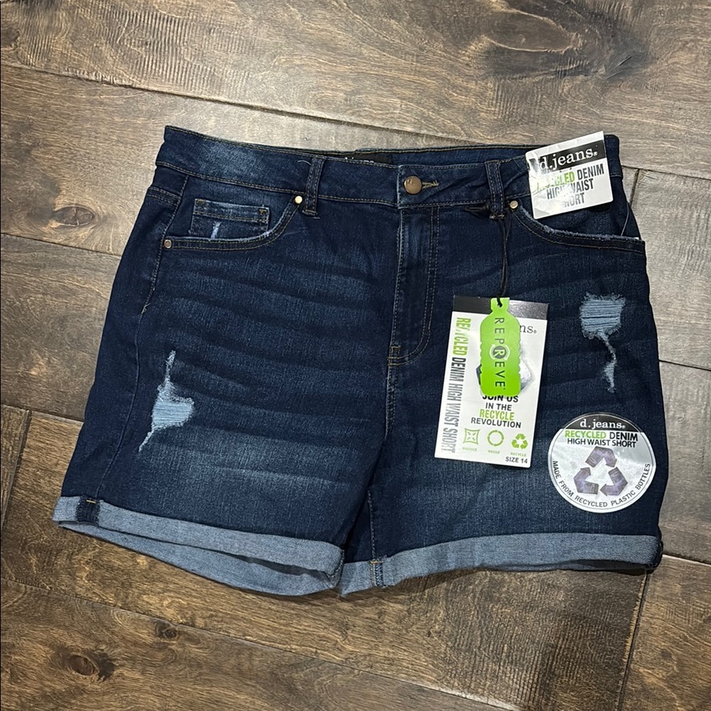 d. jeans Blue Jean Shorts with Cuffed Hem and Distressed Details